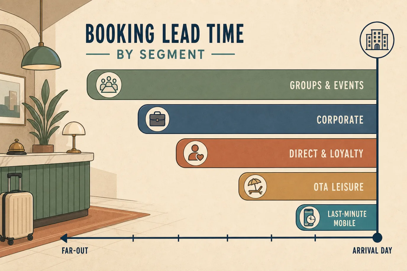 A cel-shaded editorial illustration comparing booking lead time by segment in a warm palette with a teal accent. A set of horizontal bars of different lengths sits along a shared timeline that runs from far-out on the left to arrival day on the right. The longest bar is labelled groups and events, a medium bar corporate, another direct and loyalty, a shorter bar OTA leisure, and the shortest bar near arrival is labelled last-minute mobile, showing how different sources book at different distances from the stay.