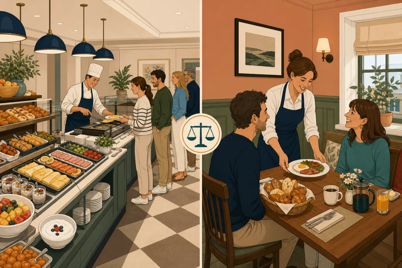 A cel-shaded editorial illustration in a warm palette with a teal accent: a split scene of hotel breakfast formats, on one side a generous buffet line with small frequently refreshed trays and a staffed egg station, on the other a cosy small-hotel table where a host serves a plated breakfast with fresh bread and coffee, a subtle scale motif between them, conveying that the right breakfast format depends on the size of the house.