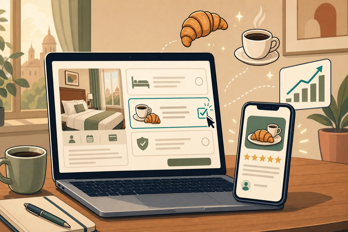 A cel-shaded editorial illustration in a warm palette with a teal accent: a hotel booking screen on a laptop shows a breakfast add-on being selected with a small coffee cup icon, beside it a phone displays a glowing review mentioning breakfast with five stars, and around them float a croissant, a coffee cup and a small upward chart, conveying breakfast sold at booking and repaid in reviews and revenue.