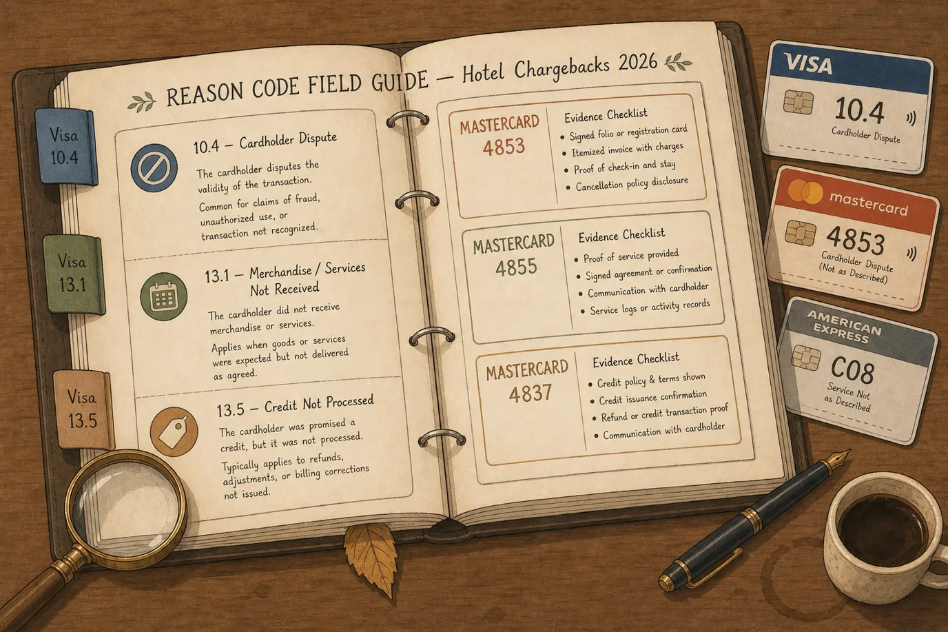 An open hardcover reason-code field guide lying on a wood desk, with the left page listing Visa codes 10.4, 13.1, and 13.5 with short evidence notes for each, the right page laying out Mastercard codes 4853, 4855, and 4837 with evidence checklists, surrounded by a vintage brass magnifying glass, a black fountain pen, and three illustrated card-sized reference tabs for Visa 10.4, Mastercard 4853, and American Express C08, illustrating the named-code-and-named-evidence discipline of a competent hotel chargeback defense in 2026.