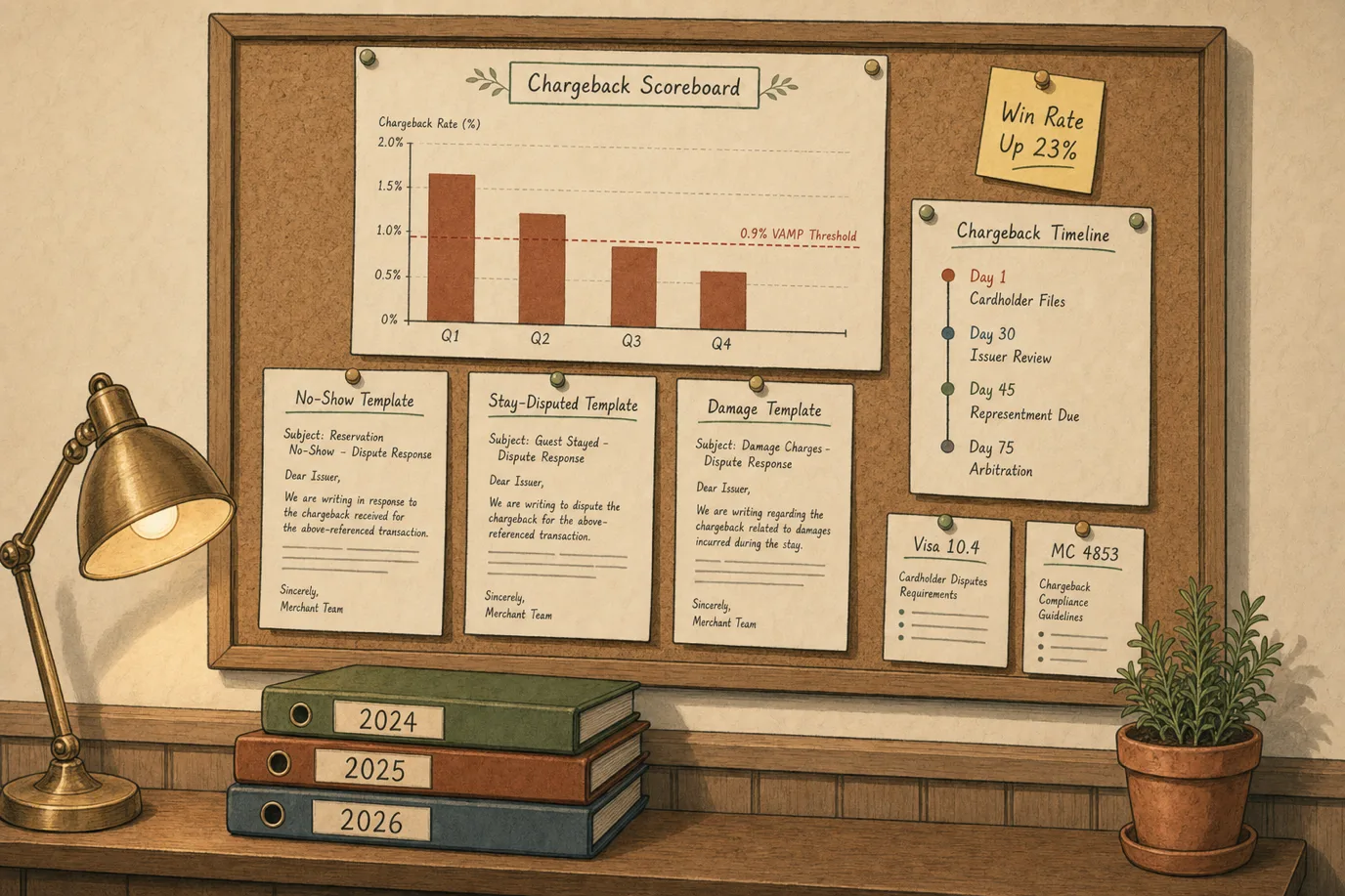 A back-office corkboard wall pinned with a hotel chargeback scoreboard showing a downward bar chart against the 0.9 percent Visa Acquirer Monitoring Program threshold line, three dispute response templates labeled No-Show, Stay-Disputed, and Damage, a printed chargeback timeline calendar marking the cardholder filing day, the issuer review window, the representment deadline, and the arbitration cutoff, with a small win-rate-up sticky note in the corner and a wooden shelf below holding annual chargeback binders for 2024, 2025, and 2026, illustrating the back-office cadence a 90-day chargeback defense program builds toward.