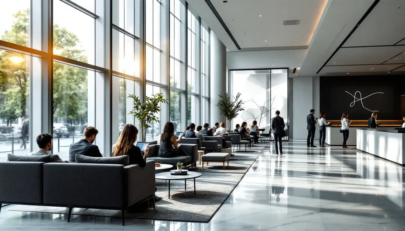 In a modern hotel lobby, guests are engaged with their smartphones and tablets, using digital services to enhance their experience. The scene highlights the integration of technology in the hospitality industry, showcasing how hotel chatbots and AI-powered solutions facilitate direct bookings and improve guest satisfaction.