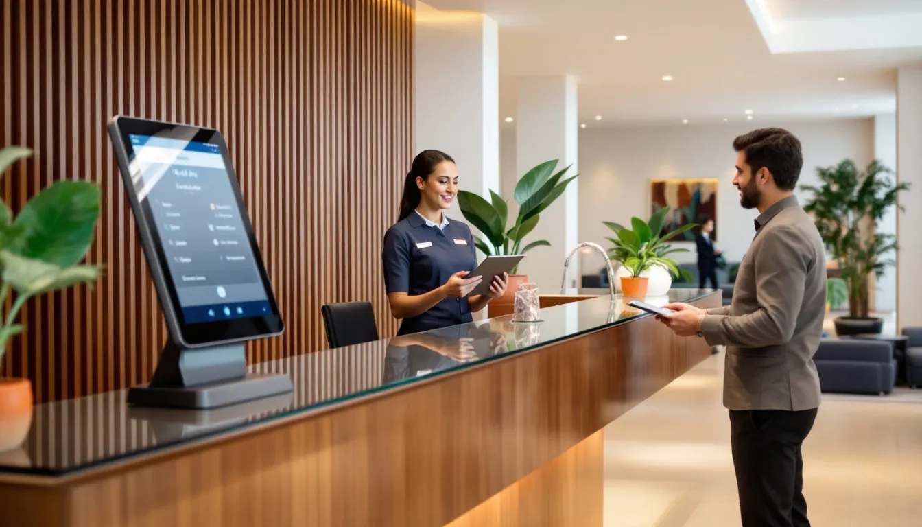 The image shows a hotel reception desk featuring a digital check-in kiosk, with a staff member using a tablet to assist guests, enhancing the guest experience and simplifying hotel operations. This setup highlights the integration of advanced technology in the hospitality industry, aimed at improving guest satisfaction and facilitating the booking process.