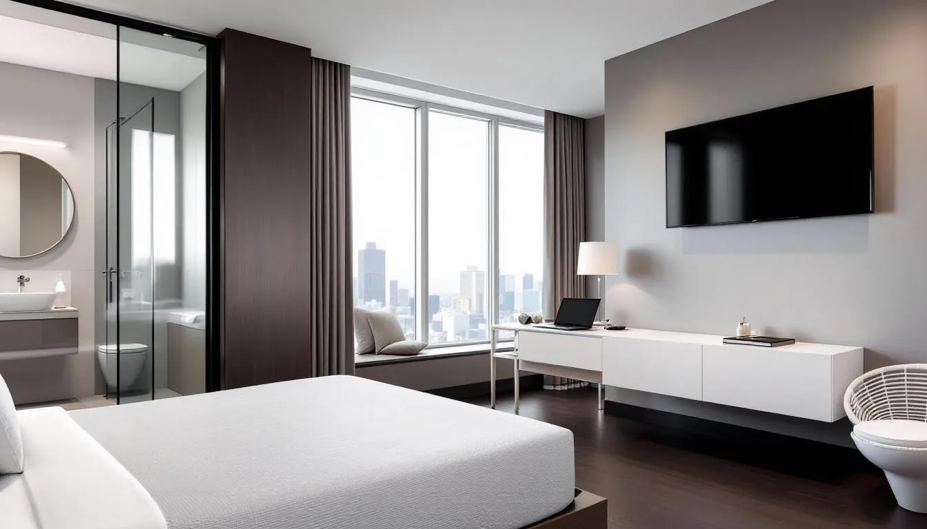 The image depicts a modern hotel room featuring sleek furnishings and upscale amenities, designed to enhance guest satisfaction and experience. This inviting space reflects the competitive edge of the hotel industry, appealing to potential guests with its stylish decor and comfort.