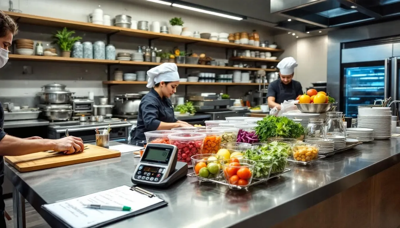 In the image, a busy hotel restaurant kitchen is depicted, showcasing staff members efficiently preparing food while implementing cost control measures to manage hotel operating costs. The scene highlights the importance of operational efficiency and maximizing revenue through simplified food preparation processes.
