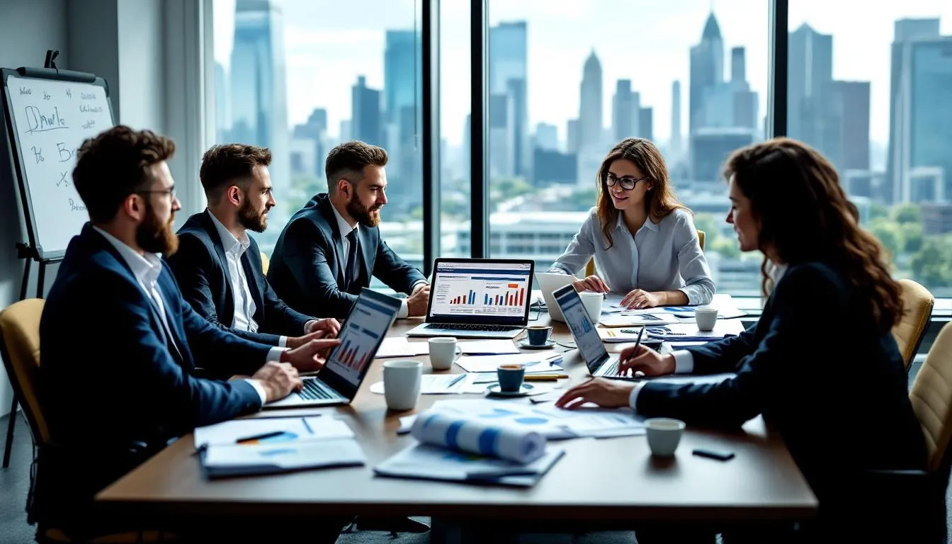 The image depicts a hotel management team gathered around a table, analyzing financial performance dashboards that display hotel operating costs and revenue management data. They are discussing strategies to optimize pricing and simplify operations to enhance guest satisfaction and maximize profitability.