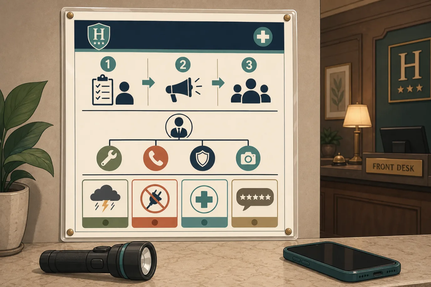 A cel-shaded editorial illustration of a laminated one-page hotel crisis plan pinned at a front desk, in a warm palette with a teal accent. The sheet shows a simple numbered first-hour sequence, a small contact tree diagram with role icons connected by lines, and four small scenario cards for storm, outage, medical and reputation, with a torch and a phone resting beside it on the counter.