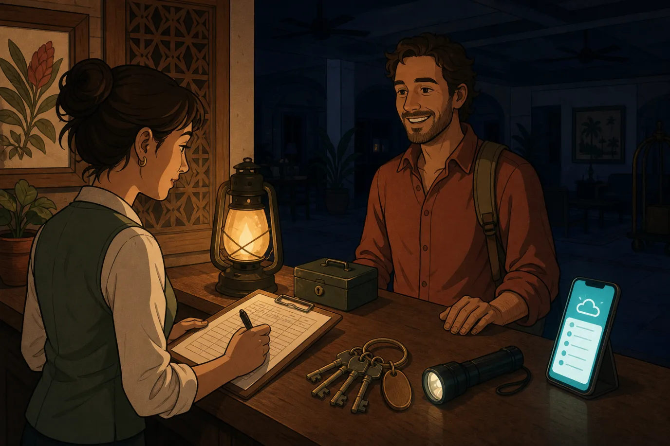 A cel-shaded editorial illustration of a hotel front desk operating during a power outage, in a warm palette with a teal accent: a staff member checks in a guest by lantern light using a printed arrivals list on a clipboard, a phone showing a cloud system nearby, a cash box, physical keys on the counter, and a torch, showing calm offline operations from paper and a recent export.