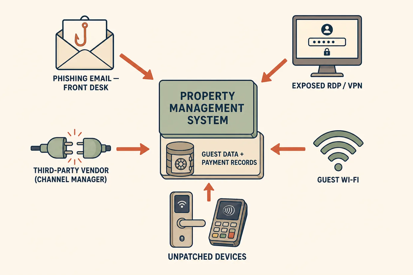 A diagram of a hotel's cyber attack surface showing entry points feeding toward the property management system at the centre: a phishing email arriving at the front-desk inbox, an exposed Remote Desktop and VPN login, a third-party vendor connection such as a channel manager or maintenance contractor, the guest Wi-Fi network, and unpatched devices like door-lock controllers and the point-of-sale terminal, with arrows converging on the PMS and the stored guest data and payment records behind it.