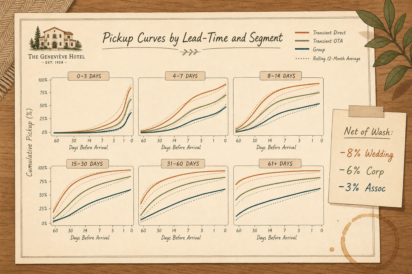 A pickup curve dashboard for an independent hotel showing eighteen separate curves, six lead-time buckets across three segments transient direct and transient OTA and group, with the rolling twelve-month average overlaid against the current pickup trajectory and the implied forward forecast highlighted in a darker line for the next ninety days.