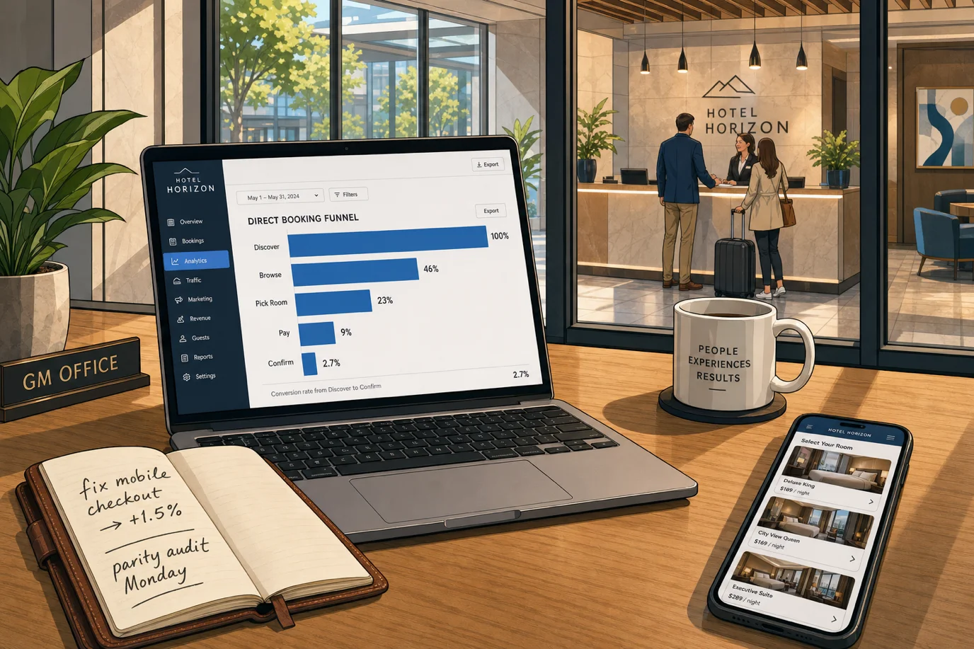 A cel-shaded editorial illustration of a contemporary hotel general manager's office with a polished light-oak desk holding an open 13-inch laptop tilted toward the camera, the laptop screen showing a clean modern web-analytics dashboard with a horizontal funnel bar chart labelled Direct Booking Funnel and five descending bars for Discover 100 percent, Browse 46 percent, Pick Room 23 percent, Pay 9 percent, Confirm 2.7 percent, a small leather notebook open on the desk with handwritten notes Fix mobile checkout plus 1.5 percent and Parity audit Monday, a white ceramic coffee mug, a smartphone face-up showing a mobile room-selection screen with three room cards visible, and through a large interior glazed window in the background the modern hotel reception lobby visible with a receptionist at the counter and two guests checking in, illustrating where the average independent hotel website loses most of its potential direct bookings between the room-list page and the payment confirmation.