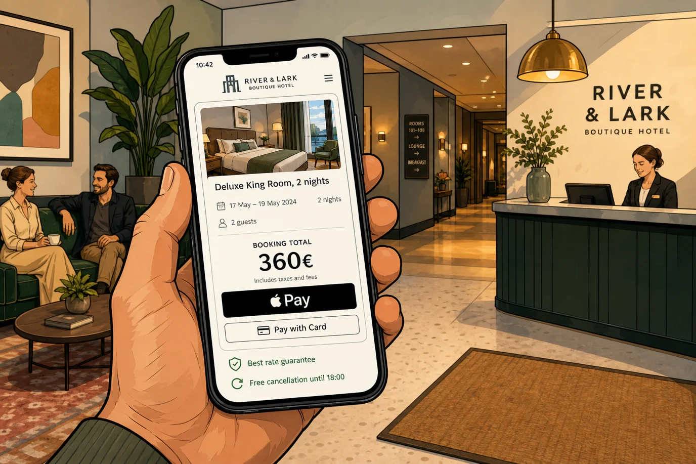 A cel-shaded editorial illustration of a guest's hand holding a smartphone in close foreground inside a modern boutique hotel lobby, the smartphone screen tilted toward the camera and clearly showing a contemporary mobile hotel booking checkout with a Deluxe King Room 2 nights summary card, a prominent Booking Total 360 euro line in the middle of the screen, a black Apple Pay button as the primary call to action at the bottom, a smaller Pay With Card option beneath it, and small green Best Rate Guarantee and Free Cancellation Until 18:00 trust badges, while behind the phone in soft focus the modern hotel lobby is visible with two guests on a velvet sofa, a brass pendant lamp overhead, a tall potted plant, and the reception desk with a receptionist behind it, illustrating the tokenized one-tap mobile booking flow that the conversion playbook targets as the highest-leverage mobile intervention.