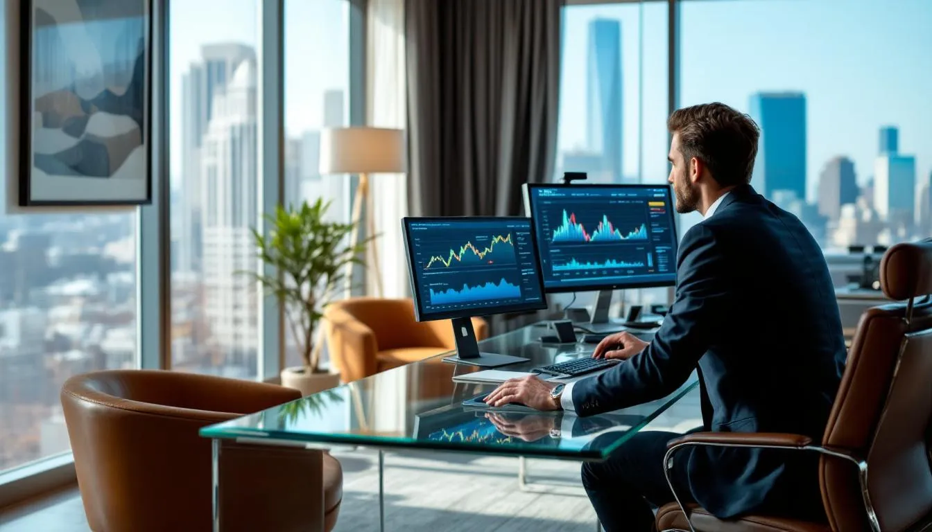In a modern hotel office, a hotel manager is intently analyzing pricing data displayed on multiple computer screens, using dynamic pricing tools to assess market trends and competitor pricing. This data-driven approach aids in formulating an effective dynamic pricing strategy to optimize room rates and enhance revenue management.