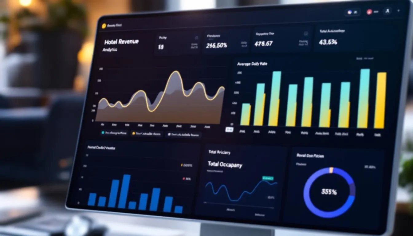 The image depicts a dashboard featuring hotel revenue analytics, showcasing various charts and graphs that illustrate occupancy rates and pricing trends. This visual representation aids revenue managers in using dynamic pricing tools and market data to optimize their pricing strategy for increased revenue.
