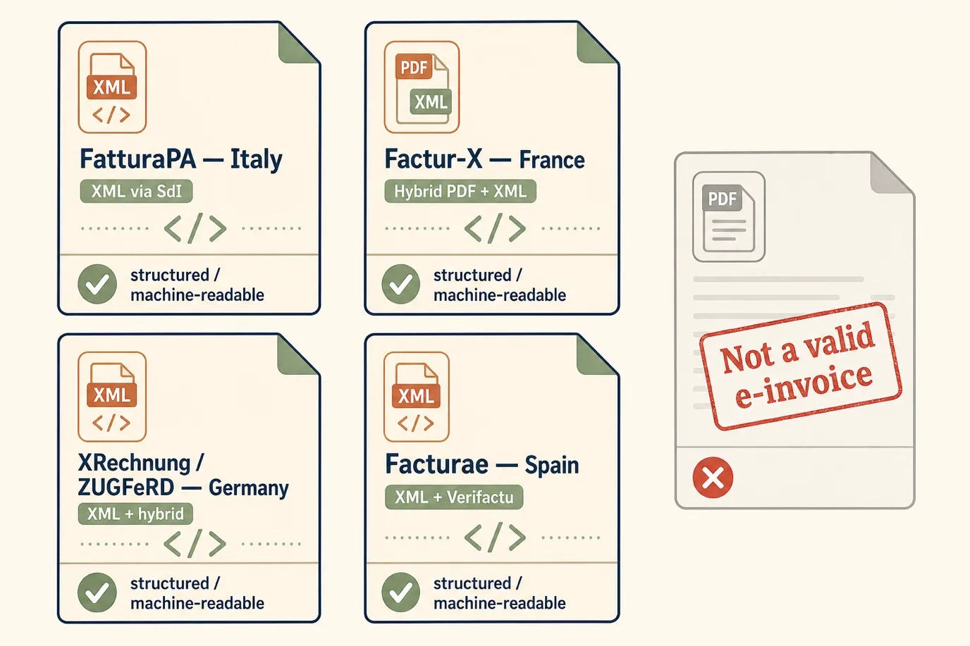 A comparison panel of four EU e-invoice formats shown as labelled file cards: Italy FatturaPA marked XML via SdI clearance, France Factur-X marked hybrid PDF plus embedded XML via PDP, Germany XRechnung marked pure XML and ZUGFeRD marked hybrid, and Spain Facturae marked XML with Verifactu, each card noting structured machine-readable, beside a greyed-out plain PDF card stamped not a valid e-invoice in red.