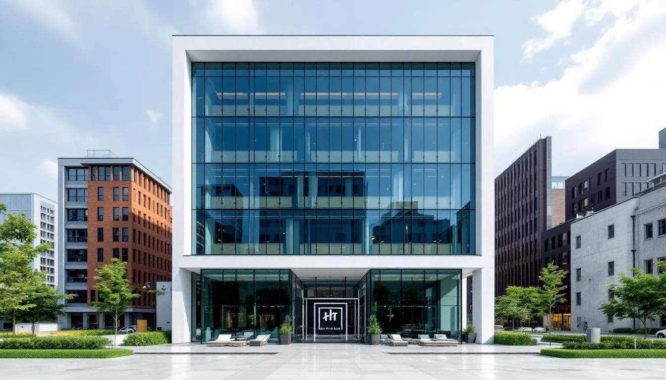 The image depicts a modern hotel chain headquarters building, showcasing sleek architecture that symbolizes operational efficiency in the hospitality industry. This structure reflects the company's commitment to enhancing financial performance and optimizing operational costs, key factors in driving the hotel's profitability.