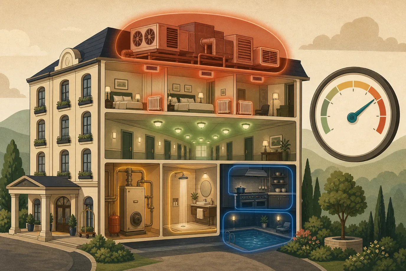 A cel-shaded editorial illustration of hotel energy distribution in a warm palette with a teal accent: a cutaway hotel building where four zones are highlighted with proportional soft glows, a large warm zone around air vents and radiators, a medium zone at a shower and boiler, a smaller zone along corridor lights, and a compact zone at a kitchen and pool, with a small meter dial beside the building, conveying where the consumption actually concentrates.