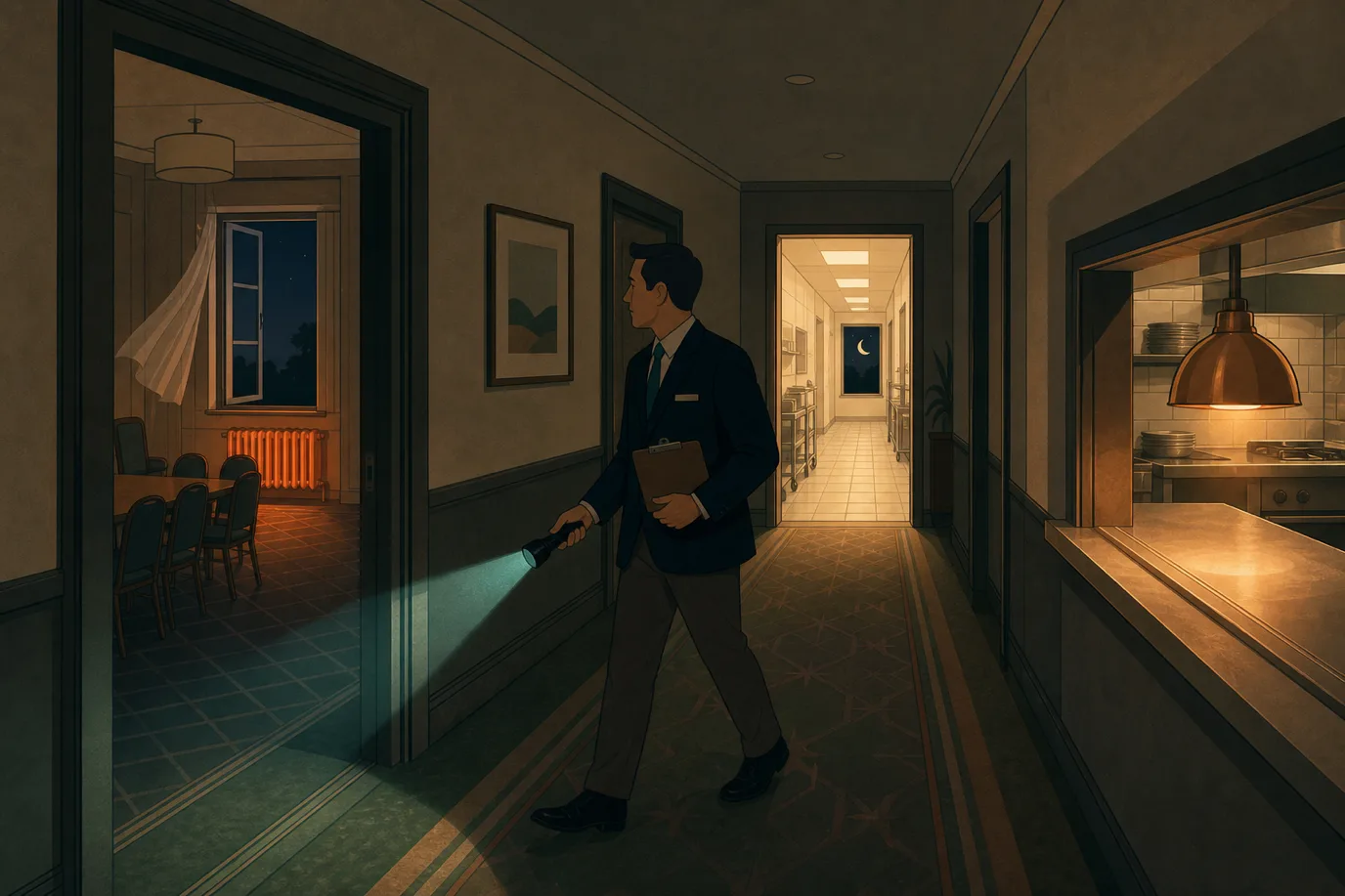 A cel-shaded editorial illustration of a night energy walk in a warm palette with a teal accent: a manager with a small torch and clipboard walking a dim hotel corridor at night, noting a glowing radiator beside an open window in an empty meeting room, a fully lit empty back-of-house corridor, and a kitchen heat lamp shining over an empty counter, with a crescent moon through the end window, conveying the quiet discovery of invisible waste.