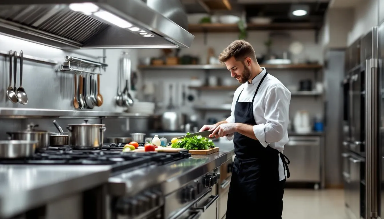 In a modern commercial kitchen, a hotel chef is skillfully preparing gourmet dishes, showcasing the critical role of food and beverage operations in the hospitality industry. This scene highlights the chef's dedication to enhancing guest experience and meeting diverse dietary needs, while also emphasizing the importance of reducing food waste and improving service in the competitive hospitality market.