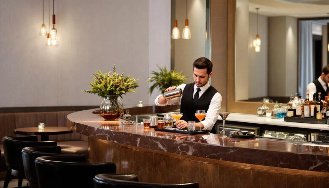 In an elegant hotel bar area, a professional bartender skillfully prepares craft cocktails, showcasing high-quality beverage services that enhance the guest experience. The sophisticated ambiance reflects the hospitality industry's commitment to exceeding guest expectations and creating memorable experiences.