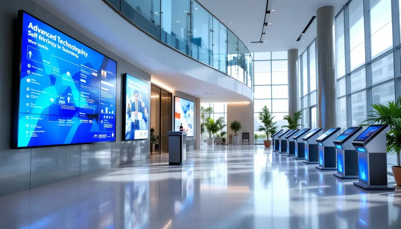 The image depicts a modern hotel lobby featuring sleek, advanced technology displays and self-service kiosks designed for guest convenience. This innovative space enhances the guest journey by simplifying check-in and providing easy access to hotel services, contributing to overall guest satisfaction.