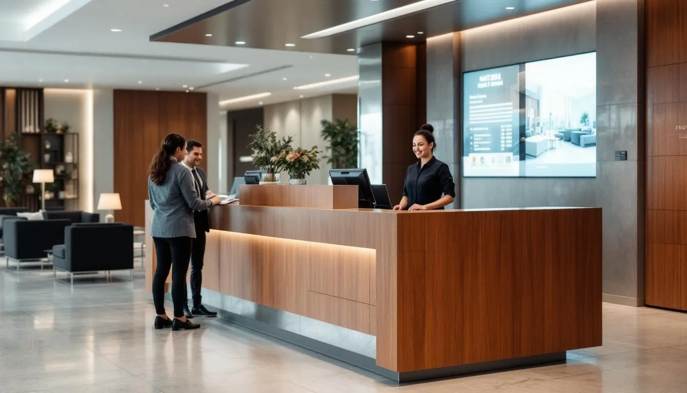 A modern hotel reception desk is shown with welcoming staff members ready to assist guests, featuring advanced computer systems that simplify front desk operations and enhance guest experiences. The setup highlights the use of hotel management software to efficiently manage reservations, guest data, and overall hotel operations.