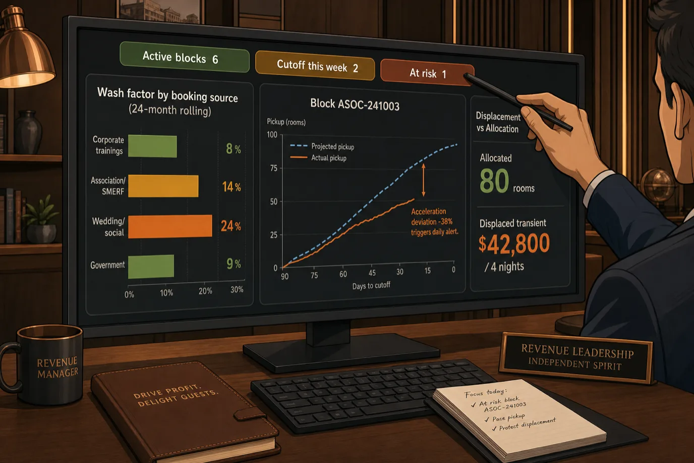 A cel-shaded editorial illustration of a wide back-office monitor showing a wash factor analytics dashboard for an independent hotel, with a horizontal bar chart titled Wash factor by booking source 24-month rolling showing four bars Corporate trainings 8 percent green, Association SMERF 14 percent amber, Wedding social 24 percent orange, Government 9 percent green, a center pickup curve plot for Block ASOC-241003 with a projected pickup line and an actual pickup line below it annotated Acceleration deviation -38 percent triggers daily alert, a right data card titled Displacement vs Allocation showing Allocated 80 rooms and Displaced transient $42,800 per 4 nights, and a top tab bar reading Active blocks 6 Cutoff this week 2 At risk 1, illustrating that wash factor differs dramatically by booking source and that pickup acceleration not pickup count is the predictive variable.