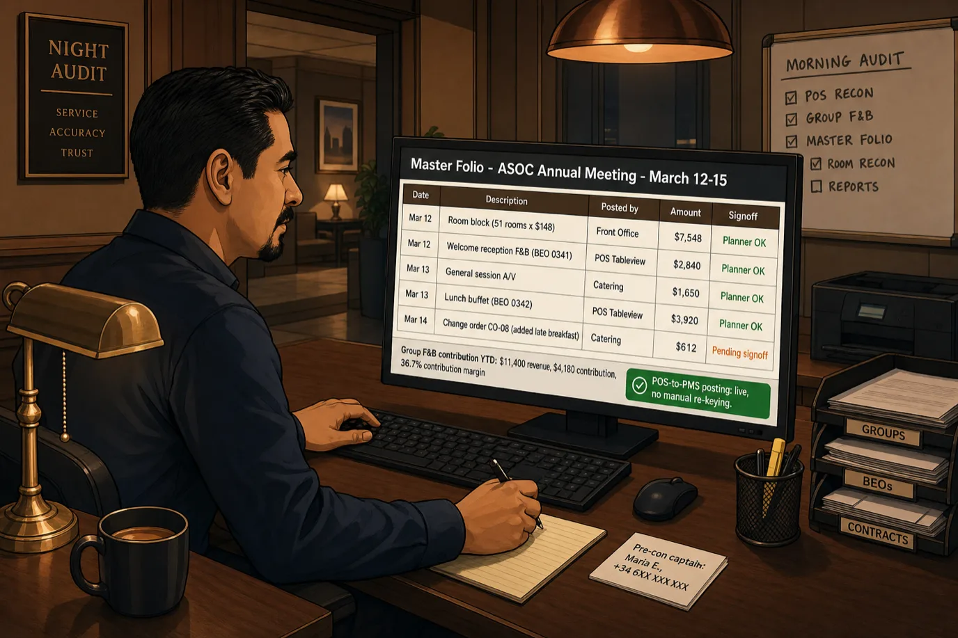 A cel-shaded editorial illustration of a Hispanic male hotel night auditor at the morning audit hour reviewing the group block master folio reconciliation screen on a wide monitor, with a clean folio table titled Master Folio ASOC Annual Meeting March 12-15 showing dated rows for Room block 51 rooms x $148, Welcome reception F&B BEO 0341, General session A/V, Lunch buffet BEO 0342, and Change order CO-08 added late breakfast pending signoff, a footer reading Group F&B contribution YTD $11,400 revenue $4,180 contribution 36.7 percent margin and a green pill reading POS-to-PMS posting live no manual re-keying, with a printed pre-con captain card next to the keyboard, illustrating that the master folio for a group accumulates room charges and posts F&B charges from the integrated POS without re-keying so the post-event recap pulls from the same data that drove daily operations.