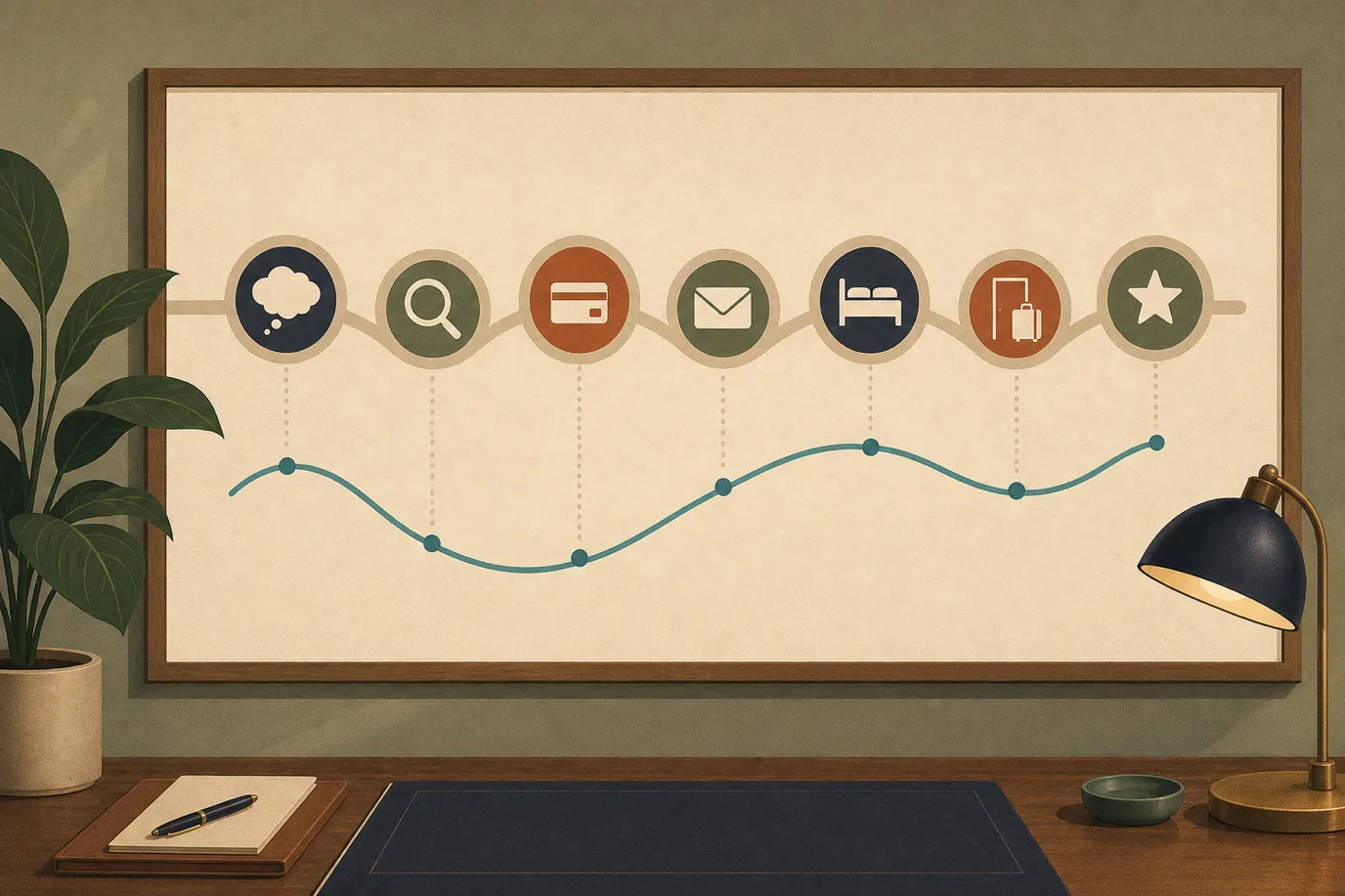 A cel-shaded editorial illustration of the seven guest journey stages in a warm palette with a teal accent: a horizontal winding path across a wall chart passing seven small stations marked by pictograms, a daydream cloud, a magnifying glass, a payment card, an envelope, a hotel bed, a suitcase at a door and a review star, with a small emotion curve rising and dipping beneath the path, conveying the full arc of a stay from idea to review.
