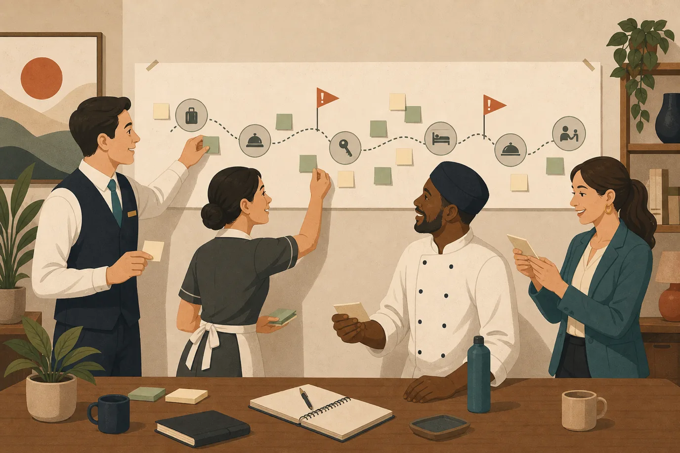 A cel-shaded editorial illustration of a journey mapping workshop in a warm palette with a teal accent: four hotel staff from different departments around a long wall chart of a winding guest path, placing sticky notes and small flags on trouble spots, one holding a phone mid-test-booking, one reading from a stack of review cards, with two clear red markers on gaps between stage sections, conveying a team finding the seams between departments together.