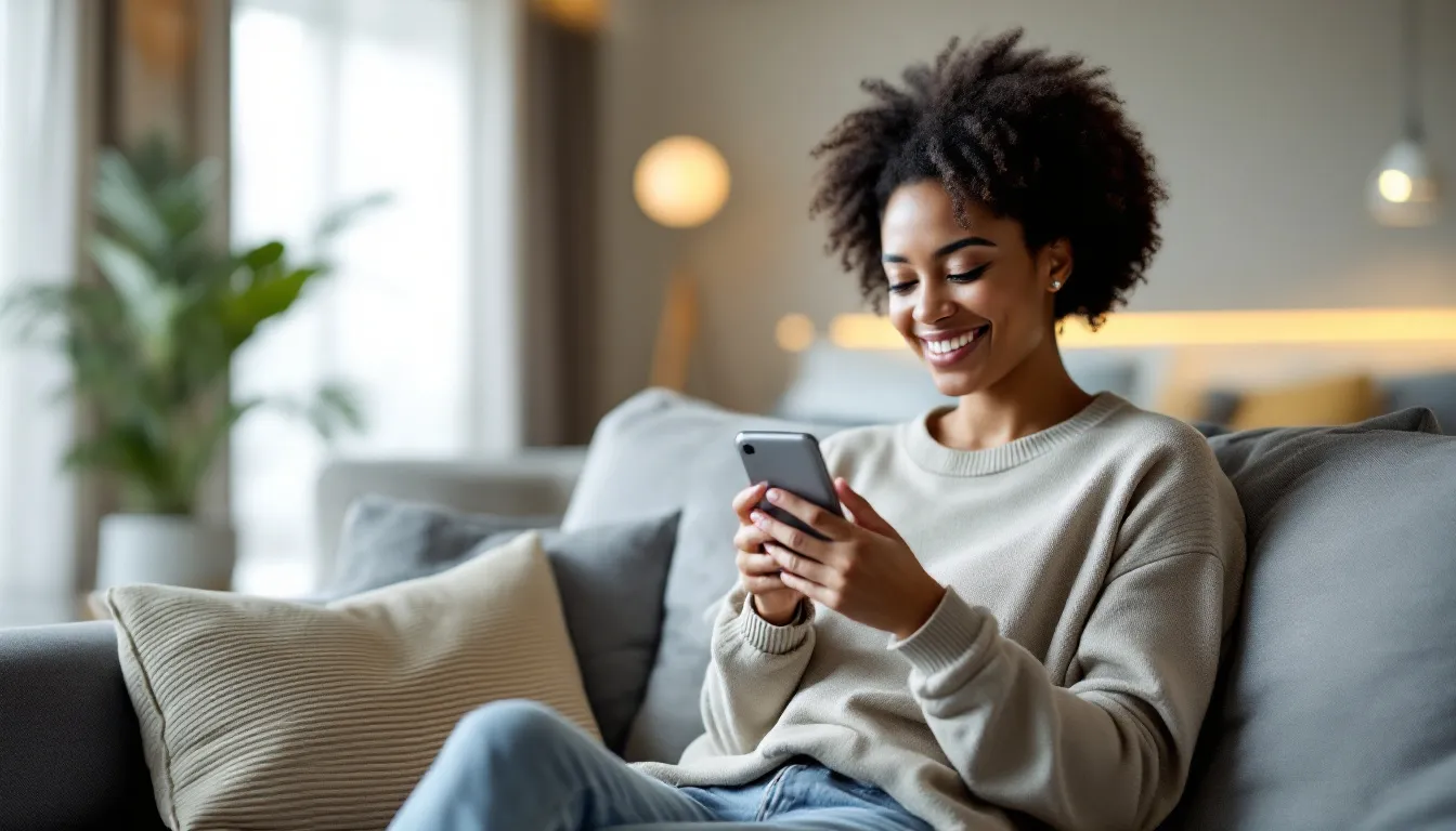 A happy hotel guest using a messaging app for communication with hotel staff.