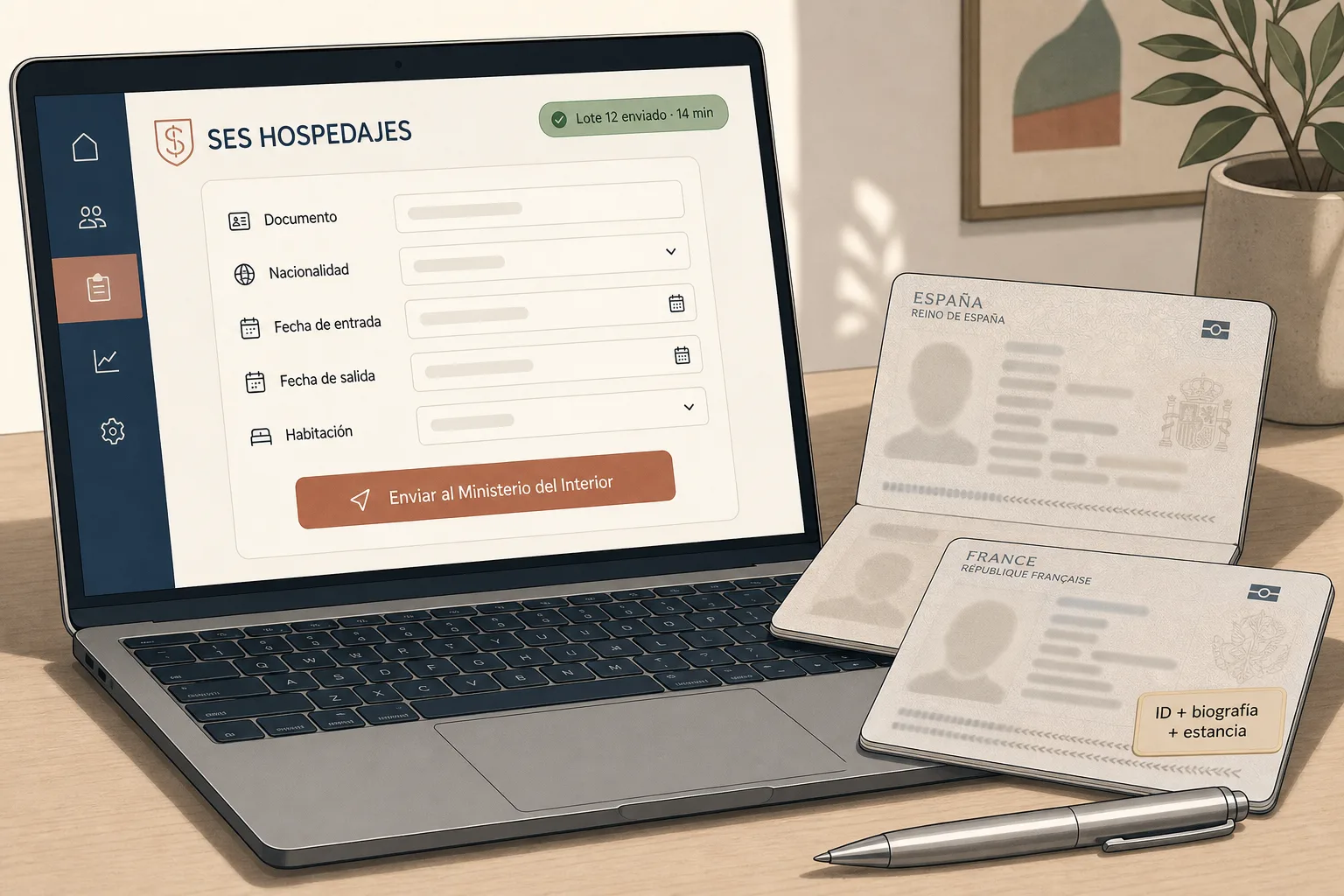 Side-angle close-up of a slim laptop displaying a stylised SES HOSPEDAJES submission form with Spanish field labels for Documento, Nacionalidad, Fecha de entrada, Fecha de salida and Habitación, a primary submit button labelled Enviar al Ministerio del Interior, and a green status pill in the upper right reading Lote 12 enviado 14 min, alongside two passport pages with their personal-information fields rendered as soft blurred lozenges to suggest GDPR redaction.