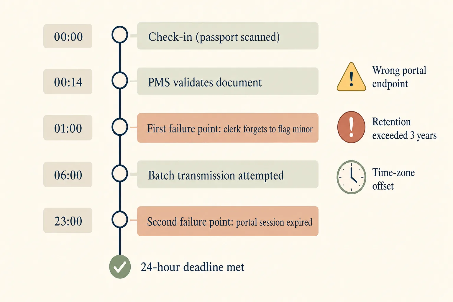 Vertical timeline infographic of the 24-hour clock from check-in to portal submission with five labelled stops at 00:00 check-in passport scanned, 00:14 PMS validates document, 01:00 first failure point clerk forgets to flag minor, 06:00 batch transmission attempted, and 23:00 second failure point portal session expired, plus three side annotations marking the most common audit triggers wrong portal endpoint, retention exceeded three years, and time-zone offset, with a green check at the bottom labelled 24-hour deadline met.