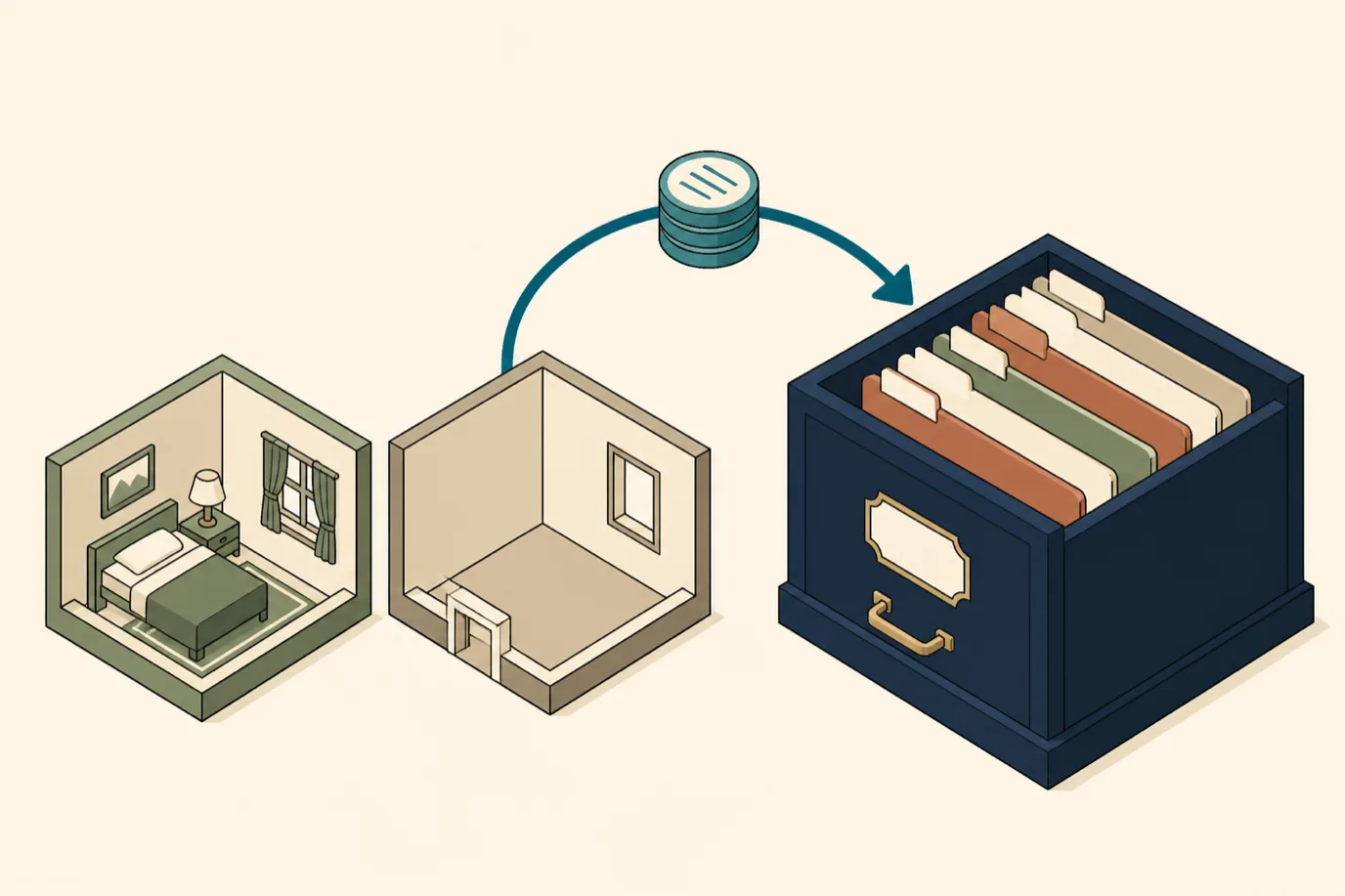 A cel-shaded isometric editorial illustration in a warm palette with a teal accent: two room cutaways side by side, the first furnished to represent an occupied room and the second standing empty, with a curved arrow carrying a small stack of tokens from the empty room across into a large deep navy filing cabinet, showing a house account balance moving from the guest ledger to accounts receivable.