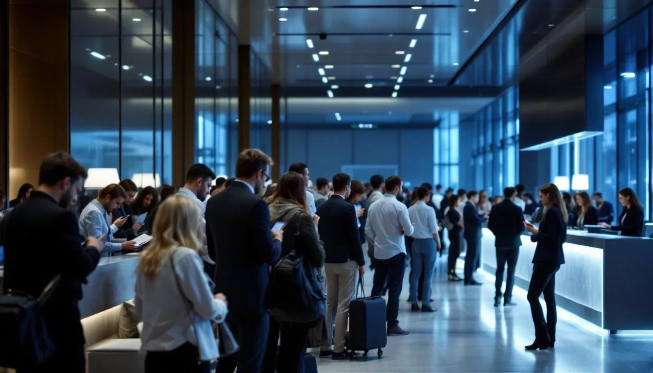 A crowded hotel lobby features frustrated guests waiting at the reception desk during peak check-in time, highlighting the challenges of effective hotel inventory management and the importance of operational efficiency in the hospitality industry. The scene reflects the need for simplified inventory management systems to enhance guest satisfaction and manage room availability effectively.