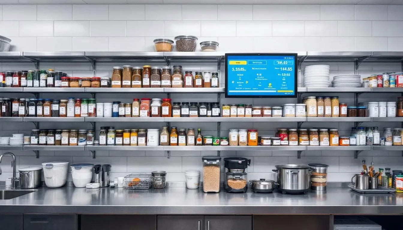 An organized restaurant kitchen showcases efficient food storage and inventory management systems, highlighting the importance of effective hotel inventory management. The setup ensures accurate tracking of stock levels and reduces food waste, contributing to operational efficiency in the hospitality industry.