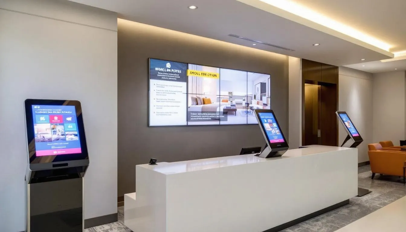 Modern hotel reception area showcasing digital check-in kiosks and technology designed to simplify guest acquisition and enhance marketing efforts for increased direct bookings.