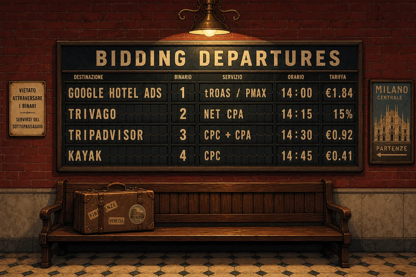 A cel-shaded editorial illustration of a vintage European train-station departures board mounted on a deep red brick wall under a brass ceiling lamp, with the chunky retro header BIDDING DEPARTURES across the top and four flip-tile rows below listing Google Hotel Ads on Track 1 with tROAS / PMAX bidding at 14:00 for 1.84 euros, Trivago on Track 2 with Net CPA bidding at 14:15 for 15 percent, Tripadvisor on Track 3 with CPC plus CPA bidding at 14:30 for 0.92 euros, and Kayak on Track 4 with CPC bidding at 14:45 for 0.41 euros, with a polished wooden bench and a vintage leather suitcase below the board, illustrating the four distinct bidding-model departures an independent hotel chooses between when allocating its metasearch budget across the four major platforms in 2026.