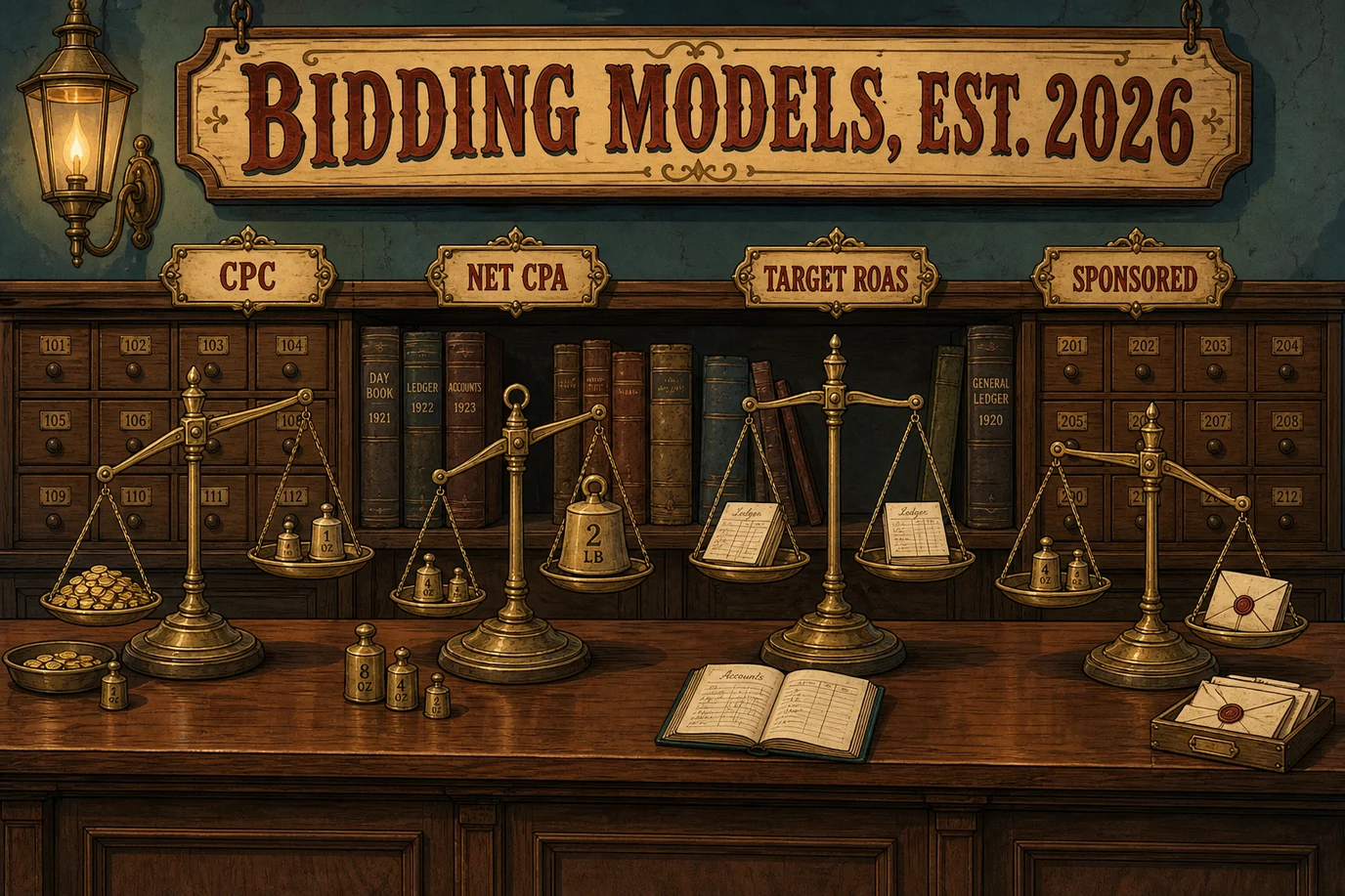 A cel-shaded editorial illustration of a vintage apothecary-style merchant counter under a hand-painted carnival-serif sign reading BIDDING MODELS, EST. 2026, with four ornate brass balance scales side by side on a polished walnut counter and an individual brass plaque above each scale labelling them CPC, NET CPA, TARGET ROAS, and SPONSORED, with the CPC scale tipping toward many small coins, NET CPA tipping toward a single stamped two-pound weight, TARGET ROAS sitting perfectly balanced with a small ledger on each pan, and SPONSORED tipping toward a wax-sealed envelope, against a backdrop of small numbered apothecary drawers and antique ledger books, illustrating the four distinct ways an independent hotel actually pays for metasearch impressions in 2026 and the trade-offs each model embeds in the contract.