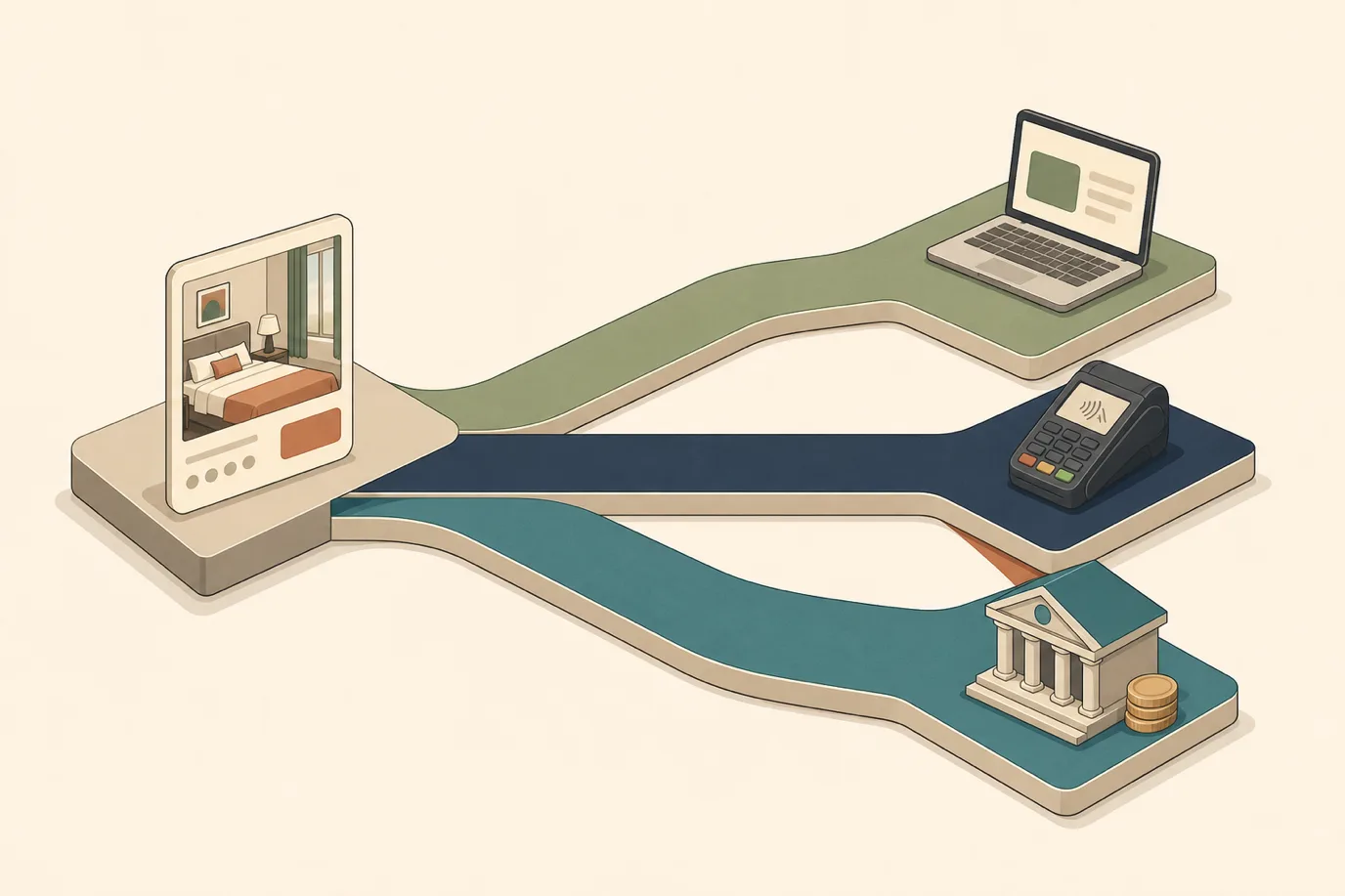 A cel-shaded isometric editorial illustration in a warm palette with a teal accent: a single room-rate card on a raised platform at the left, with three tinted lanes flowing rightward from it, a sage lane ending at a laptop showing a price, a deep navy lane ending at a card payment terminal, and a teal lane ending at a small bank building with a stack of coins, and a narrow terracotta wedge marking the gap between the last two.