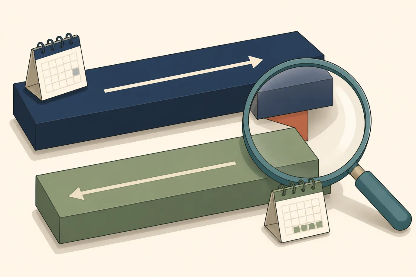 A cel-shaded isometric editorial illustration in a warm palette with a teal accent: two long horizontal bars stacked one above the other, the upper deep navy bar carrying an arrow left to right with a desk calendar at its start to represent the payment taken at booking, the lower sage bar carrying an arrow right to left with a second calendar to represent the refund returned months later, and a teal-rimmed magnifying glass enlarging the narrow terracotta gap where the two bars fail to line up.