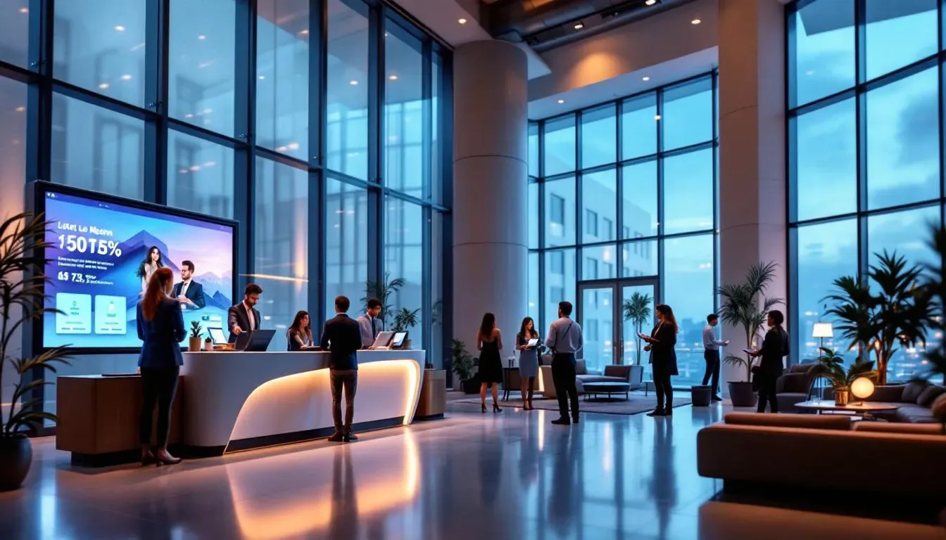 The image depicts a modern hotel lobby bustling with guests checking in, highlighting the importance of hotel operations and revenue generation. The scene reflects the financial health of the hotel industry, showcasing elements like guest satisfaction and operational efficiency that contribute to net operating profit and overall profitability.