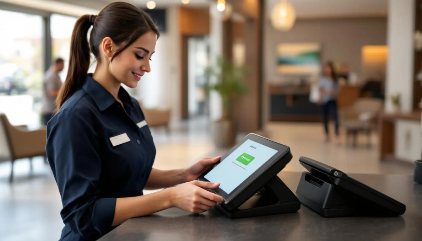 A hotel staff member is seen processing a secure payment transaction using a modern point of sale (POS) terminal, efficiently handling various payment methods such as credit and debit cards. This scene highlights the importance of hotel payment processing in enhancing guest satisfaction and simplifying the payment process at the front desk.