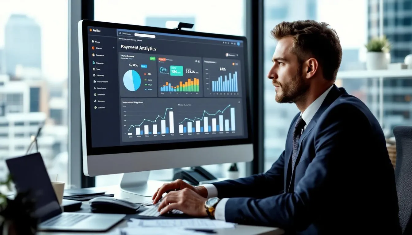 The image depicts a hotel manager intently reviewing a payment analytics dashboard on a computer screen, focusing on hotel payment processing metrics, payment solutions, and transaction details to enhance guest experience and simplify payment systems. The dashboard likely includes data on preferred payment methods, processing fees, and secure payment options for guests.