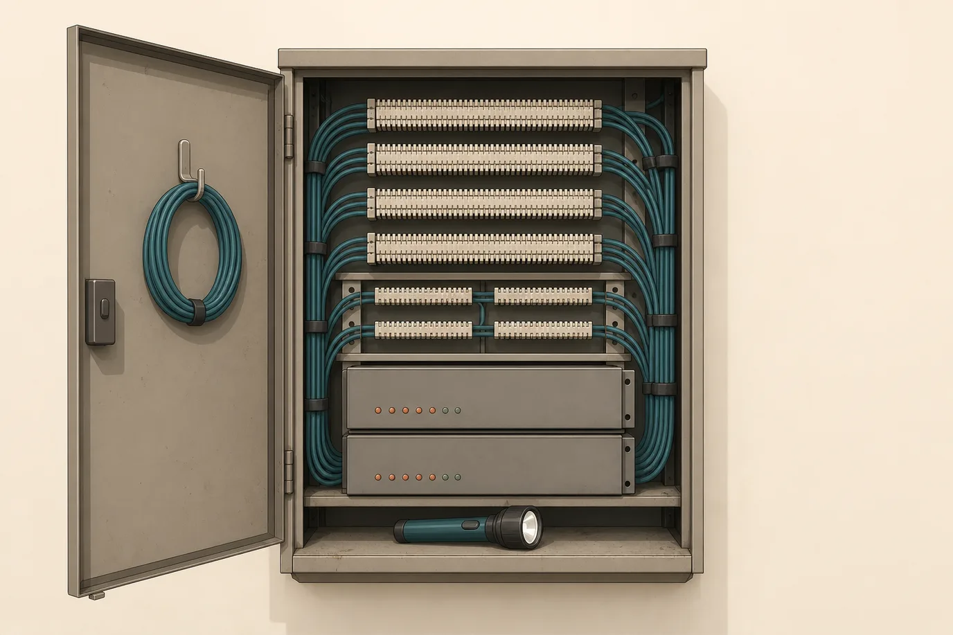 A cel-shaded editorial illustration in cream, warm taupe, sage, terracotta and deep navy showing an open back-of-house telecoms cabinet mounted on a plain wall: rows of punch-down blocks and small unlabelled connector strips, two stacked grey gateway boxes with rows of tiny indicator lights, and neat bundles of petrol teal patch cables looped and tied to the side rails, with a coiled spare cable hanging from a hook and a small torch resting on the shelf below.