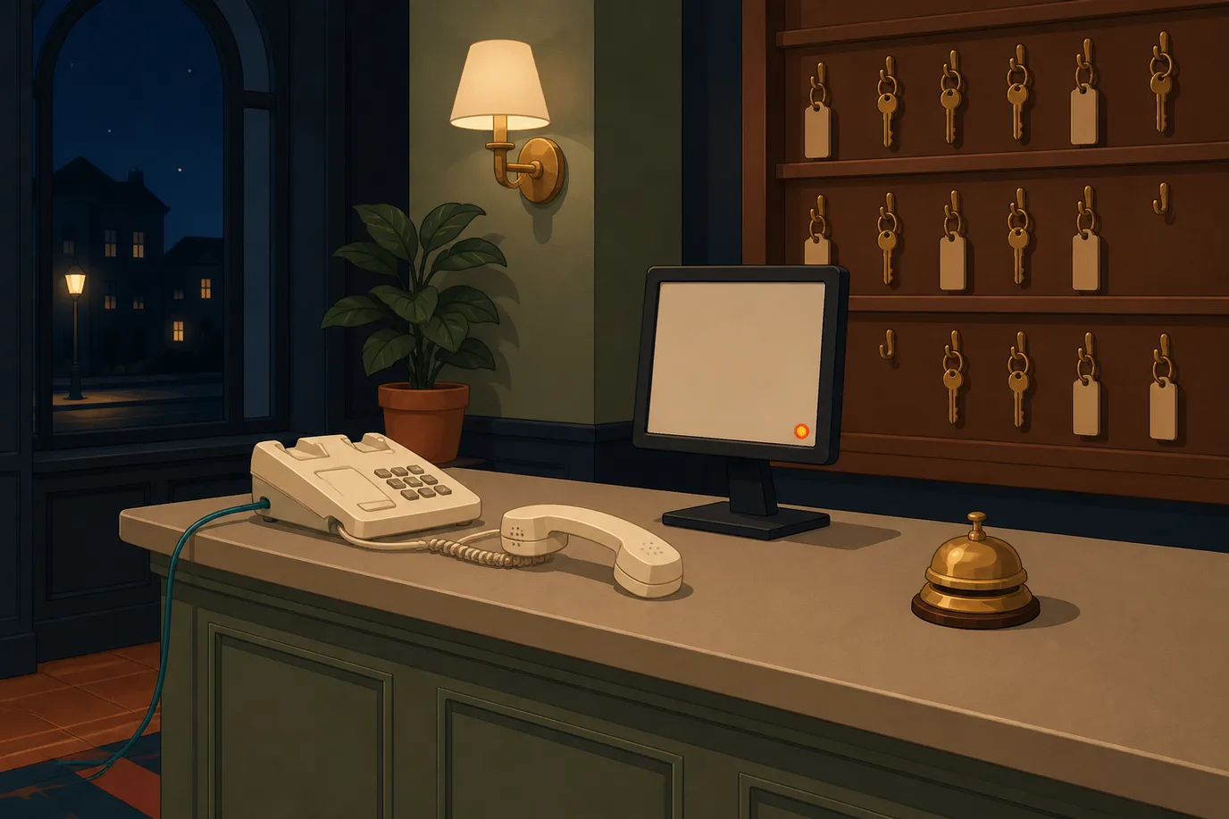 A cel-shaded editorial illustration in cream, warm taupe, sage, terracotta and deep navy showing a hotel reception desk at night at a three-quarter angle: a cream desk telephone with its corded handset lifted and lying on the counter beside it, a small upright monitor glowing with a plain blank panel and one round terracotta indicator lit in its corner, a wooden board of key hooks behind hung with brass keys and small blank tags, a brass call bell on the counter, a sage plant in a terracotta pot, a lit wall sconce, an arched window showing a dark street beyond, and a petrol teal cord running from the telephone across the counter and out of frame.