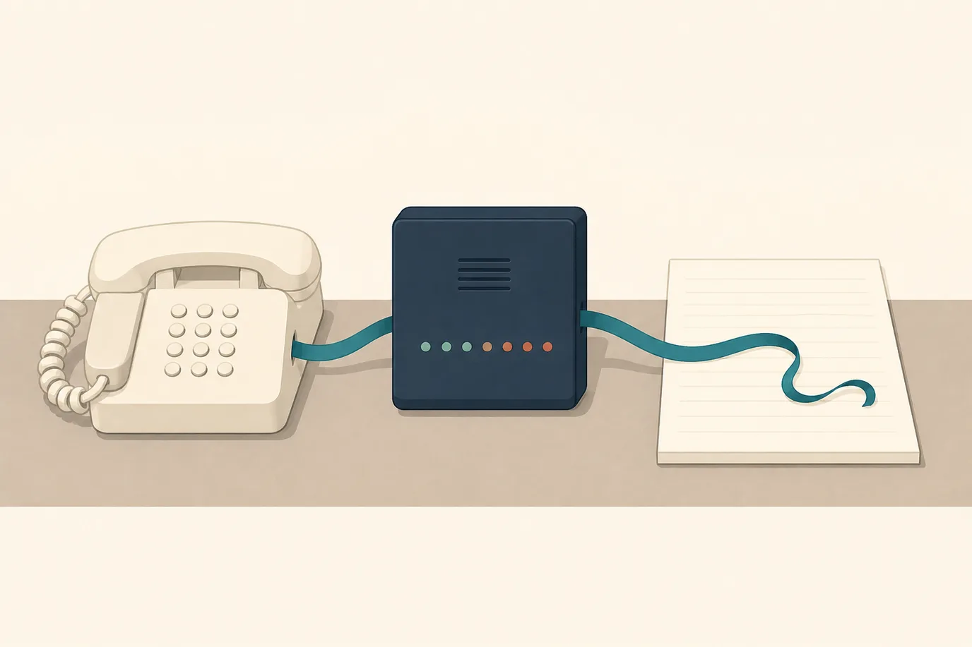 A cel-shaded editorial illustration in cream, warm taupe, sage, terracotta and deep navy arranged left to right along a taupe surface: a guest room telephone with its handset in the cradle on the left, a compact deep navy wall-mounted switch cabinet with small indicator lights in the centre, and a printed folio sheet with faint ruled blank lines on the right, all three joined by one continuous petrol teal ribbon that passes through the cabinet and ends at the folio sheet.
