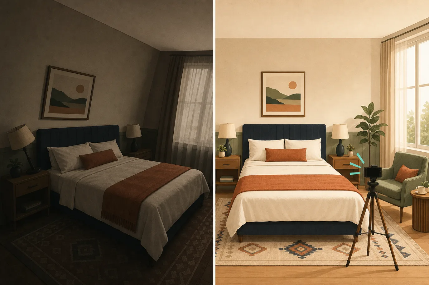 A cel-shaded editorial illustration in a warm palette with a teal accent: a split scene of the same hotel bedroom photographed two ways, one side dim and crooked with converging walls, the other bright and level with straight lines, a small tripod and light rays on the good side, conveying how light, camera height and straight verticals transform a room photo.
