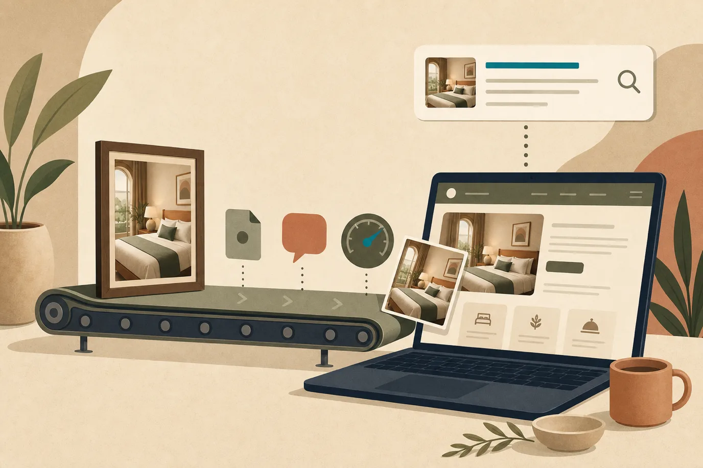 A cel-shaded editorial illustration in a warm palette with a teal accent: a hotel photo of a bed travels along a gentle conveyor line into a laptop showing a hotel website, gaining small tags along the way labelled with a file name, alt text and a speed gauge, while a search result card with a thumbnail appears above, conveying image SEO turning photography into search traffic.