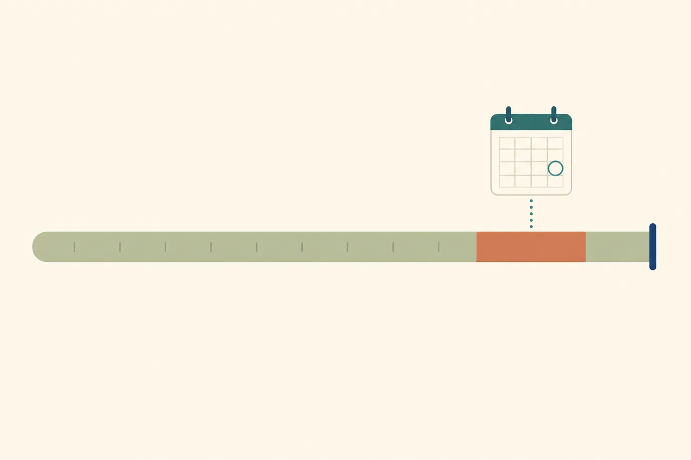 A cel-shaded editorial timeline showing a contract term running left to right with a notice window shaded in terracotta well before the renewal date, and a small calendar marker showing the real internal deadline.